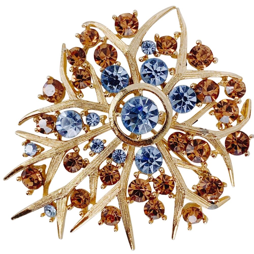 VTG Signed Lisner Mid Century Gold Tone Brooch Rhinestones Starburst Pin 50s 60s